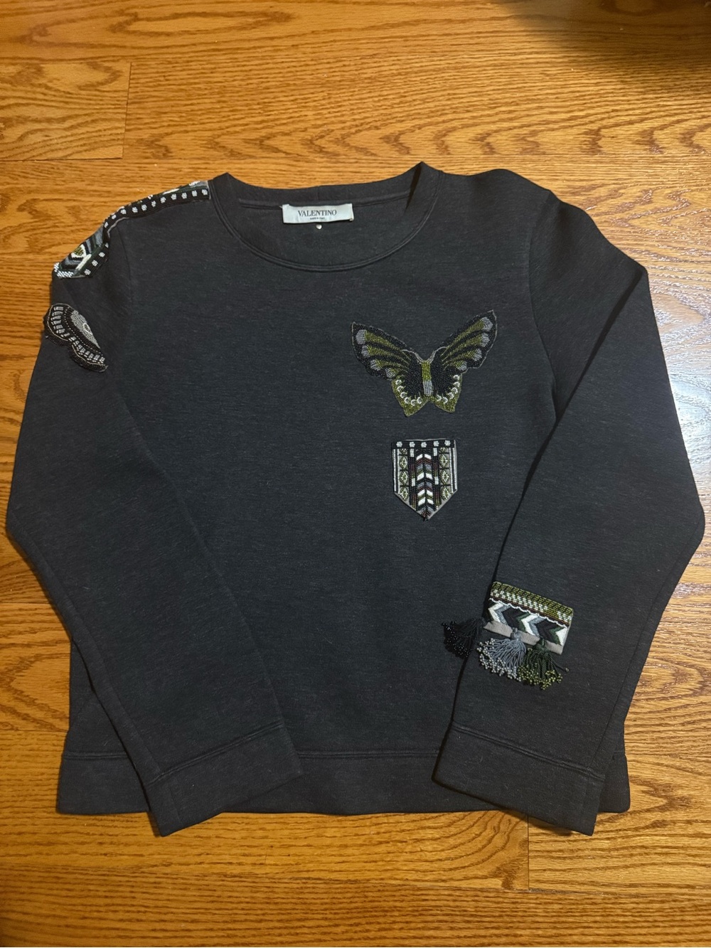 Valentino Charcoal Sweatshirt with Butterfly and Patch Embellishments Size Small